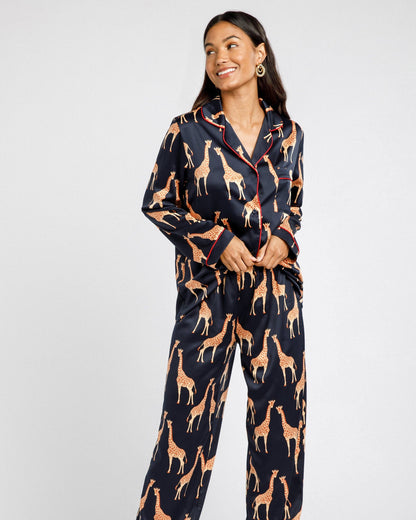 Satin Giraffe Print Long Pyjama Set | Navy