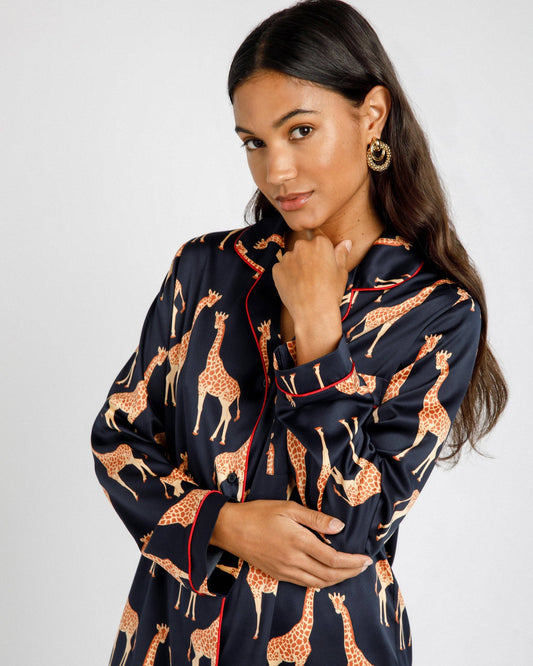 Satin Giraffe Print Long Pyjama Set | Navy