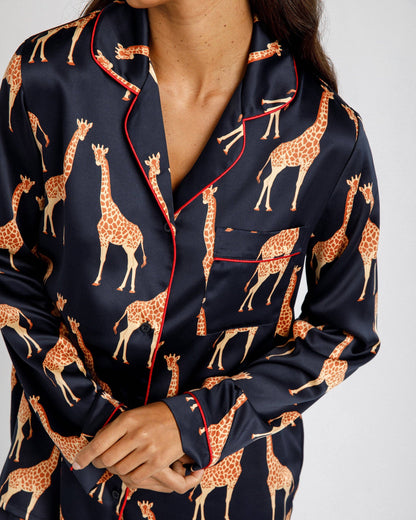 Satin Giraffe Print Long Pyjama Set | Navy