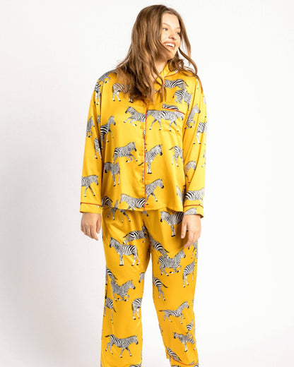 Satin Zebra Print Long Pyjama Set | Mustard