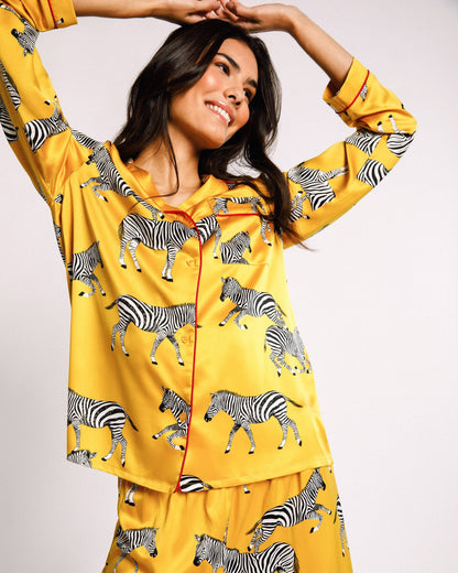 Satin Zebra Print Long Pyjama Set | Mustard