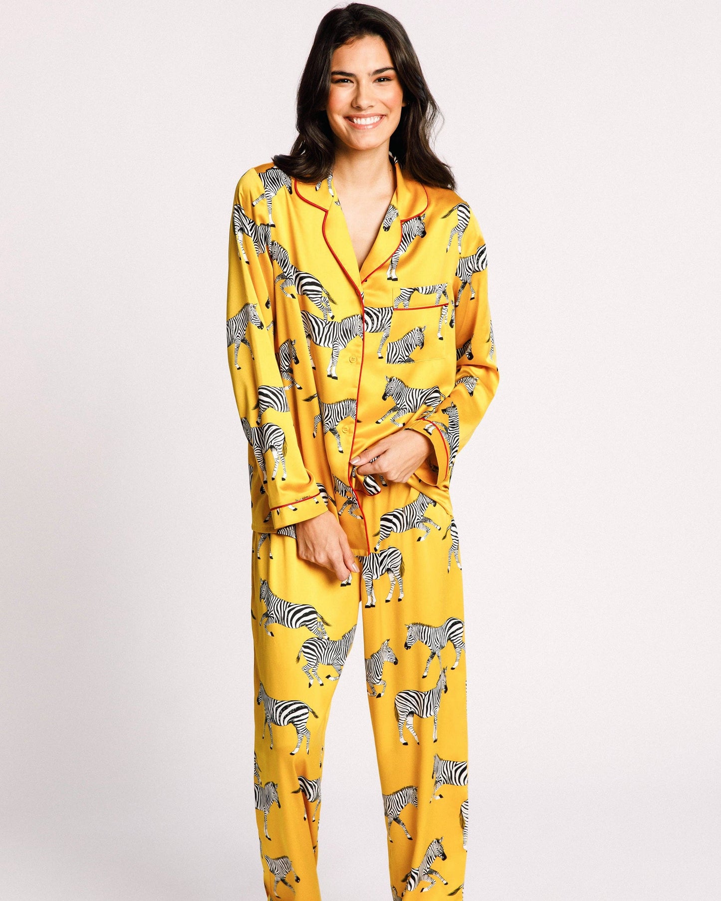 Satin Zebra Print Long Pyjama Set | Mustard