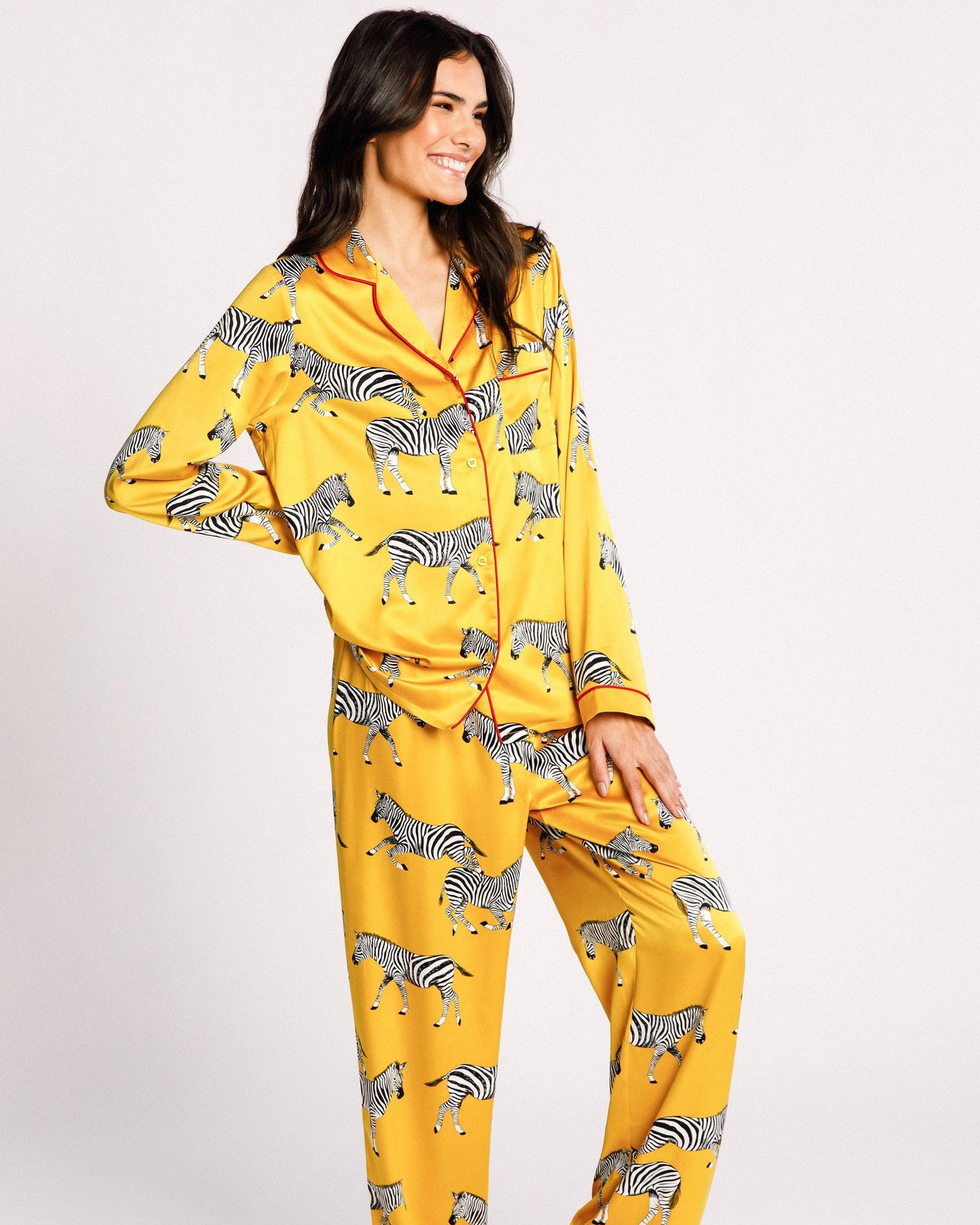 Satin Zebra Print Long Pyjama Set | Mustard