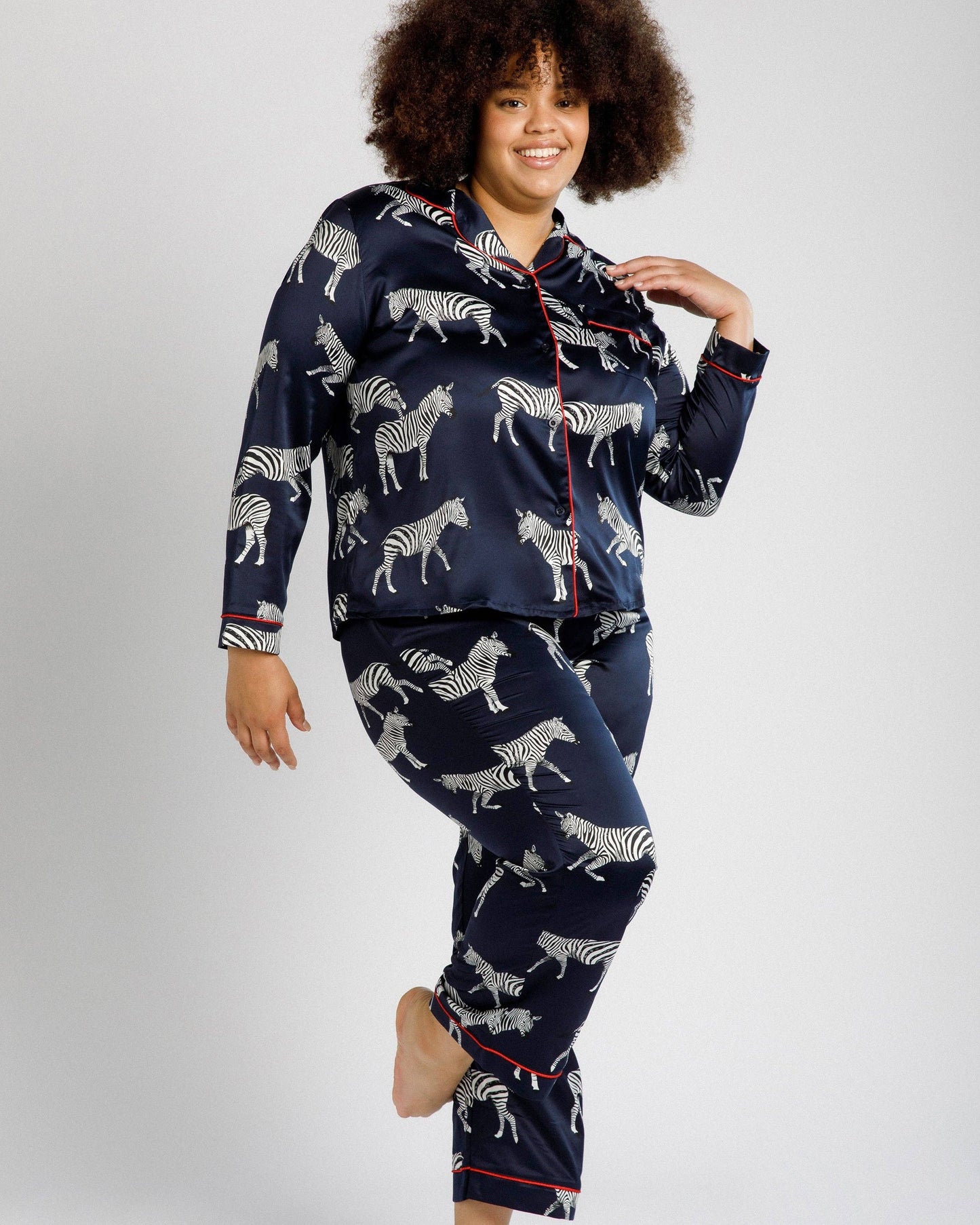 Satin Zebra Print Long Pyjama Set | Navy