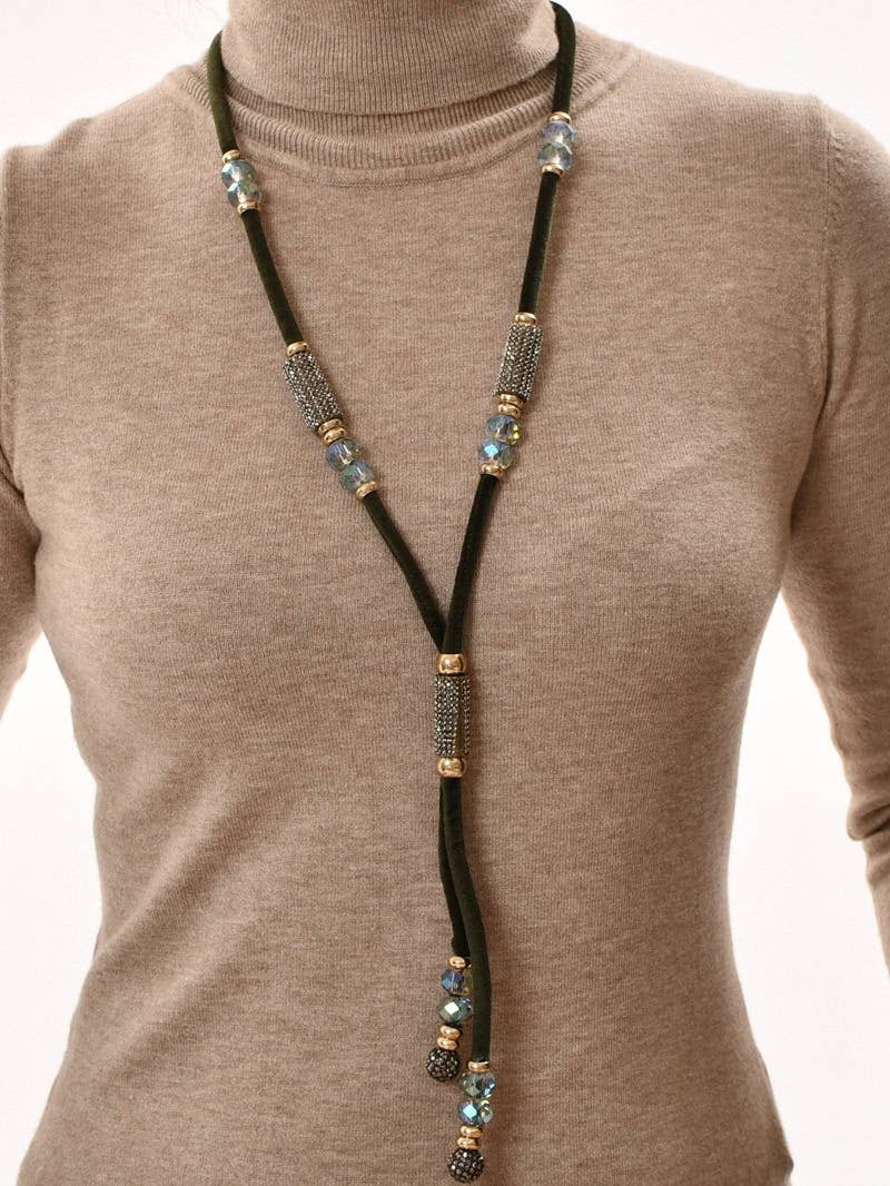 Long Velvet Necklace With Crystal Beads