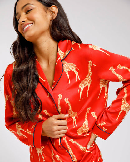 Giraffe Print Long Pyjama Set - Satin Red