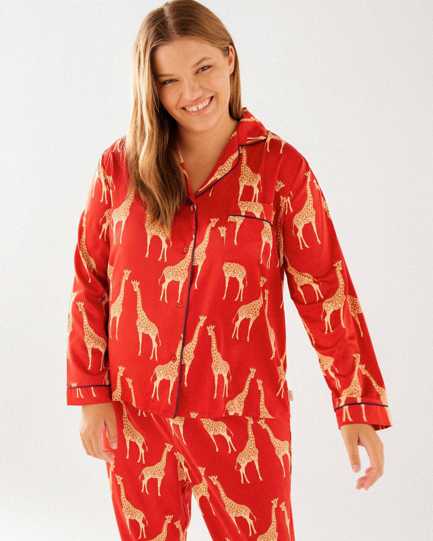 Giraffe Print Long Pyjama Set - Satin Red