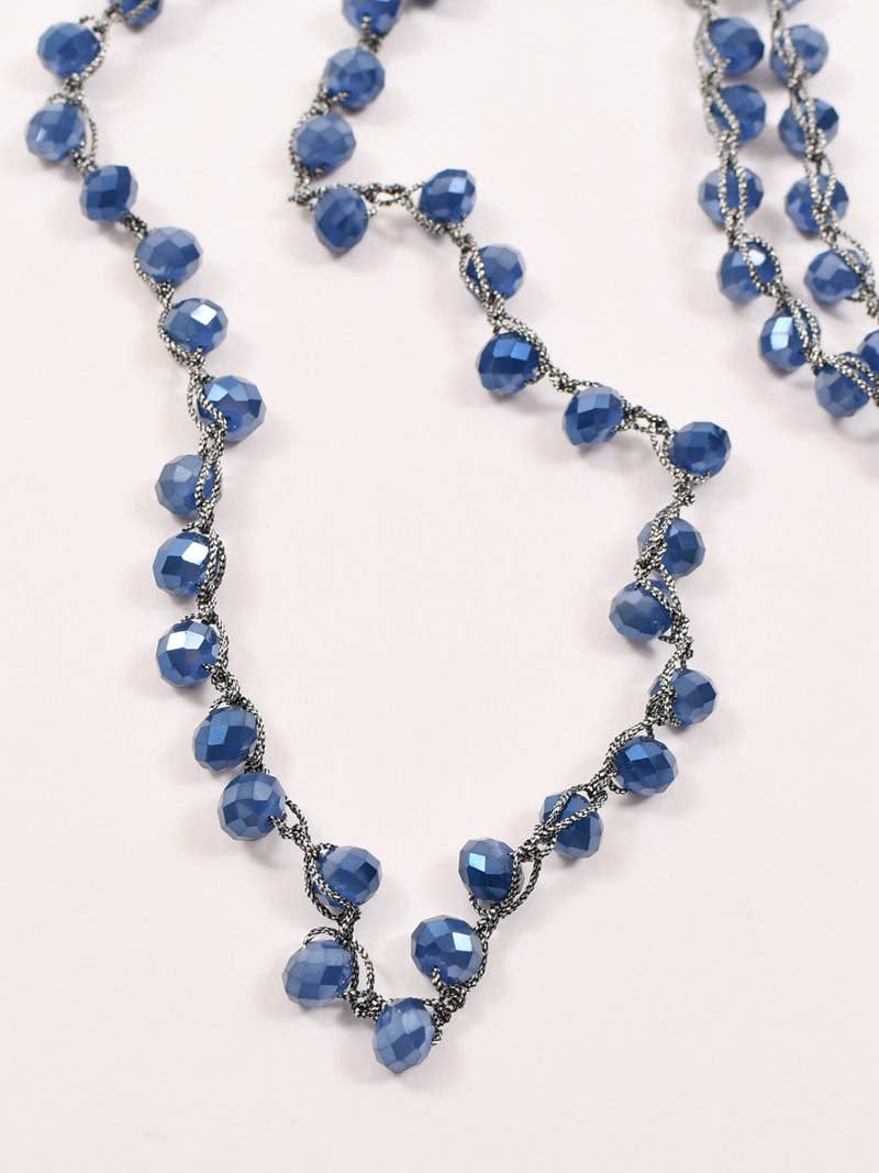 Layered Long Necklace - Blue Crystal Beads