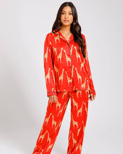 Giraffe Print Long Pyjama Set - Satin Red