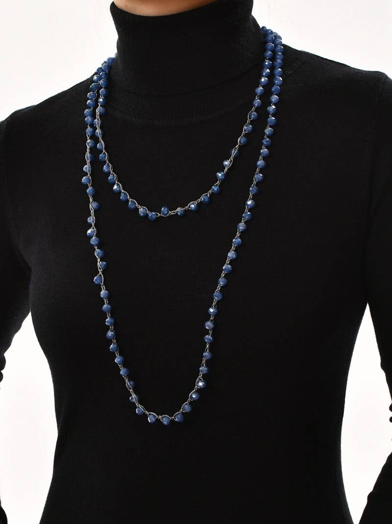 Layered Long Necklace - Blue Crystal Beads