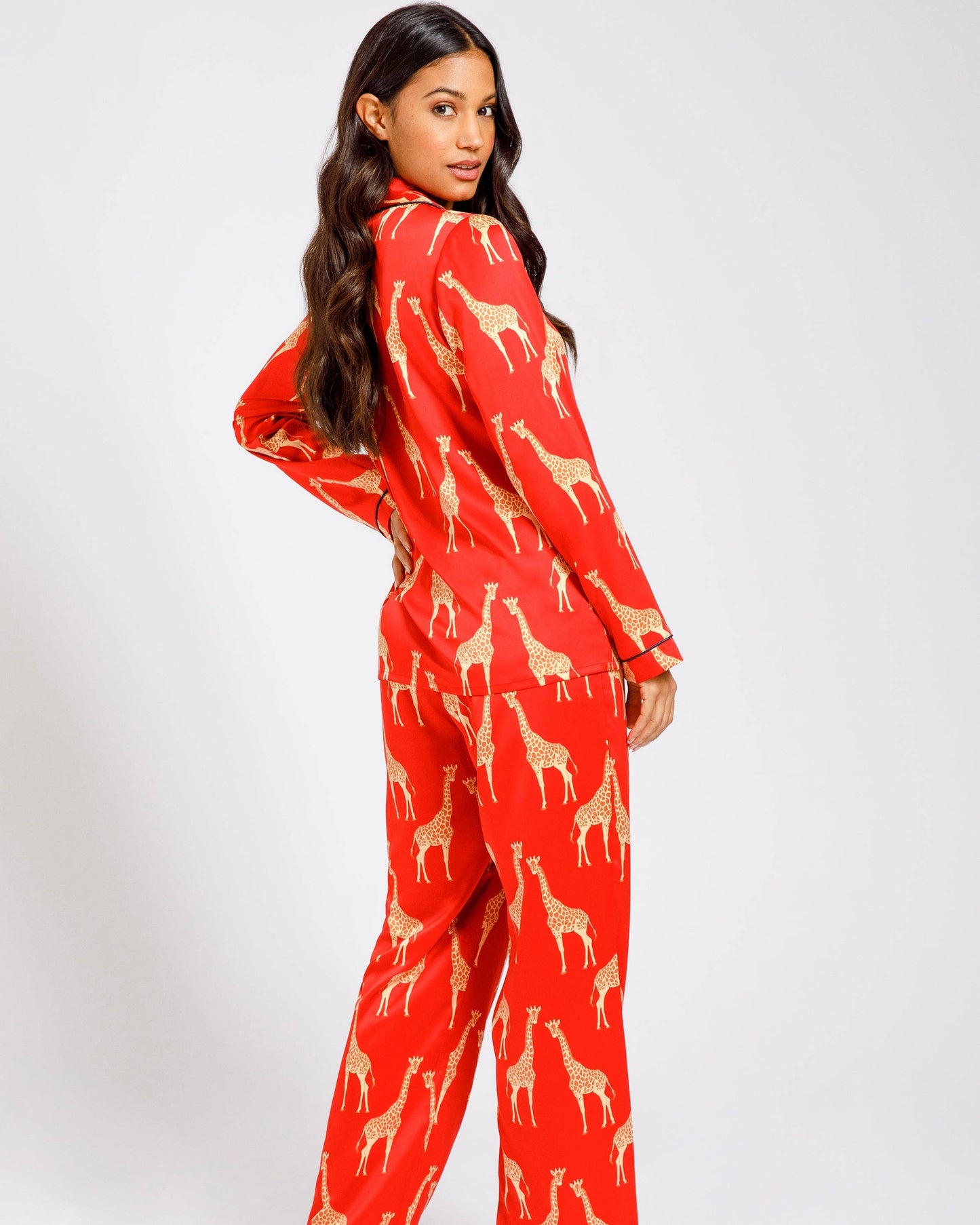 Giraffe Print Long Pyjama Set - Satin Red